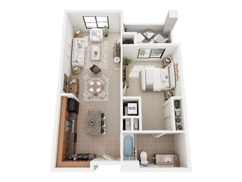 Floor plan for 1 bed, 1 bath, 665 sqft